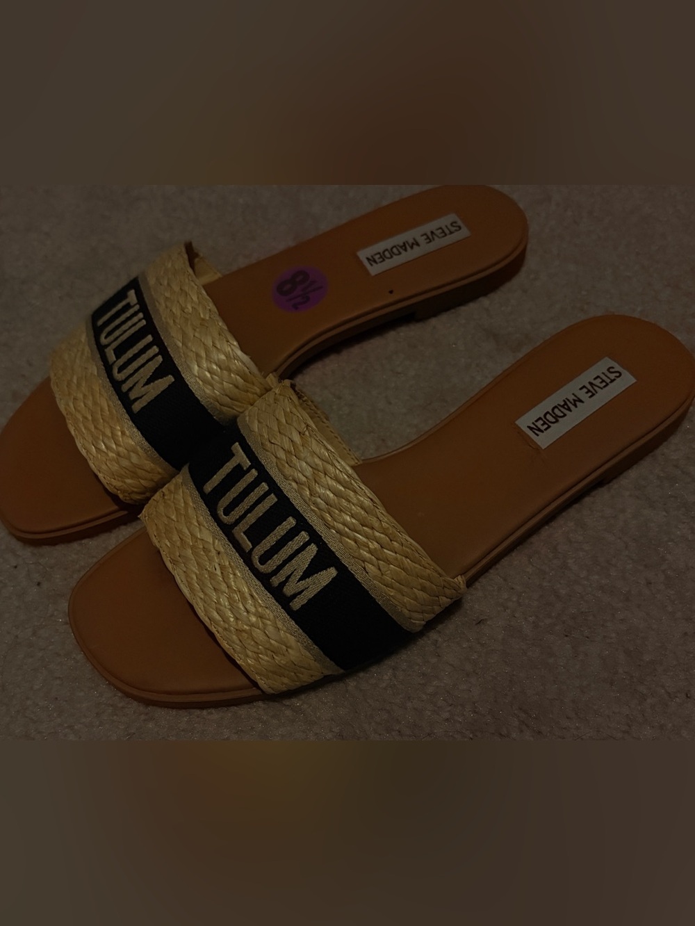 Steve Madden Natural Straw Slide Sandals with Black 'TULUM' Strap